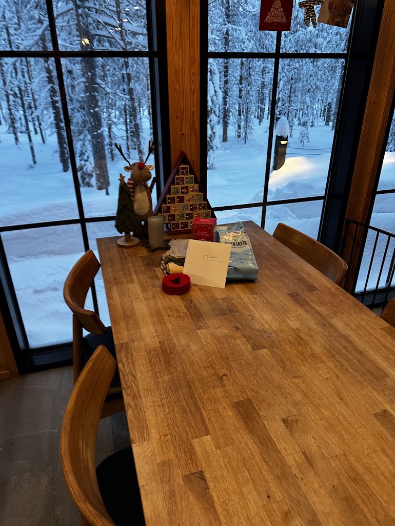 Living space at Snow & Pine with winter forest beyond